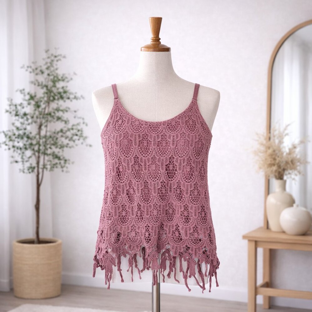 Belle Tweed Boho Crochet Lace Tank Top Small Petite Dusty Rose